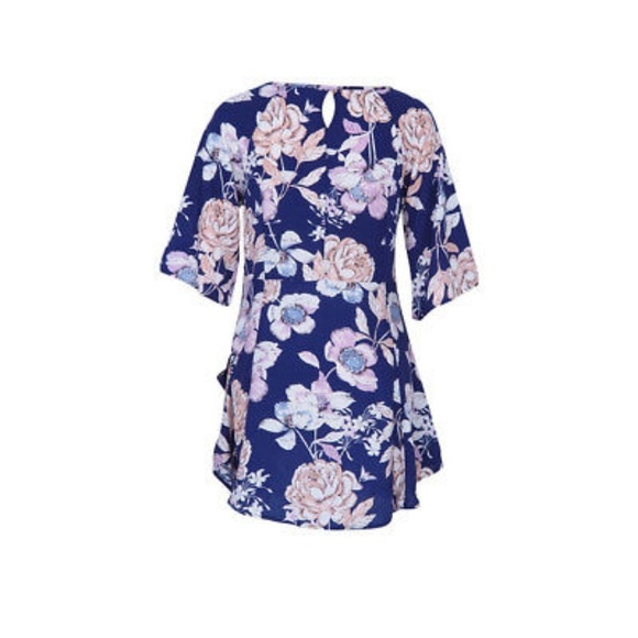 Blue Pastel Floral Dress With 3/4 Sleeves Pockets - Picture 5 of 7